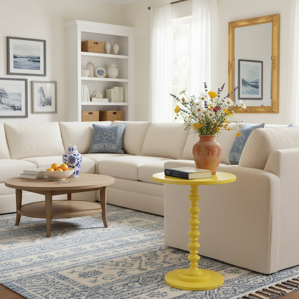 Spindle Base Round Coffee Table in Yellow Color, Sculpted Design