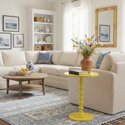 Spindle Base Round Coffee Table in Yellow Color, Sculpted Design