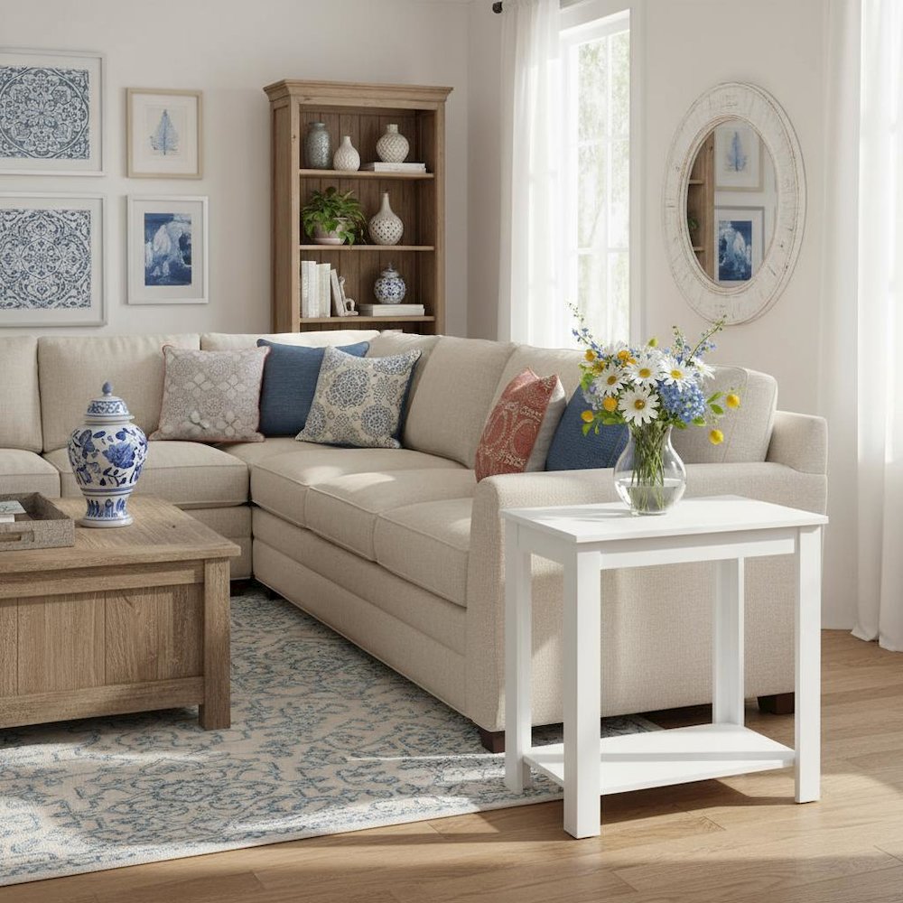 Slim Chairside Table, White, Bottom Shelf, Easy Setup