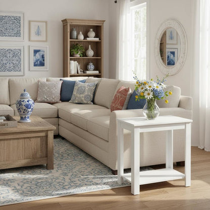 Slim Chairside Table, White, Bottom Shelf, Easy Setup