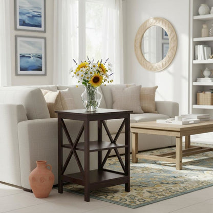 End Table, Espresso, 3 Tier Shelving, Square, Wood