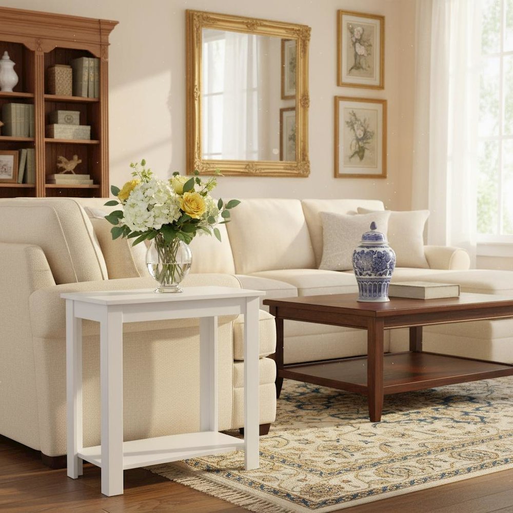 Slim Chairside Table, White, Bottom Shelf, Easy Setup