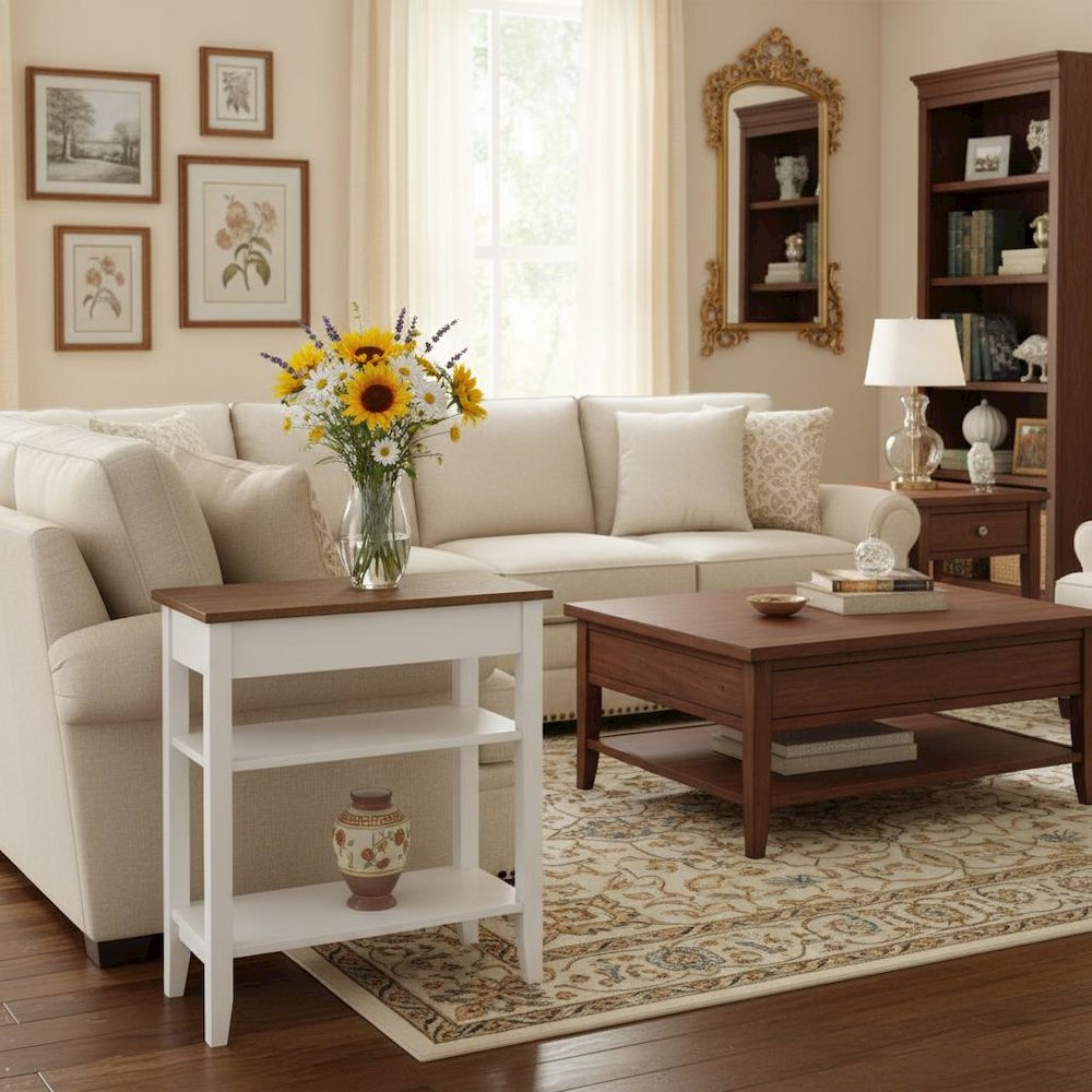 Chairside End Table, Brown, Drawer, Three Tier Shelf, Narrow