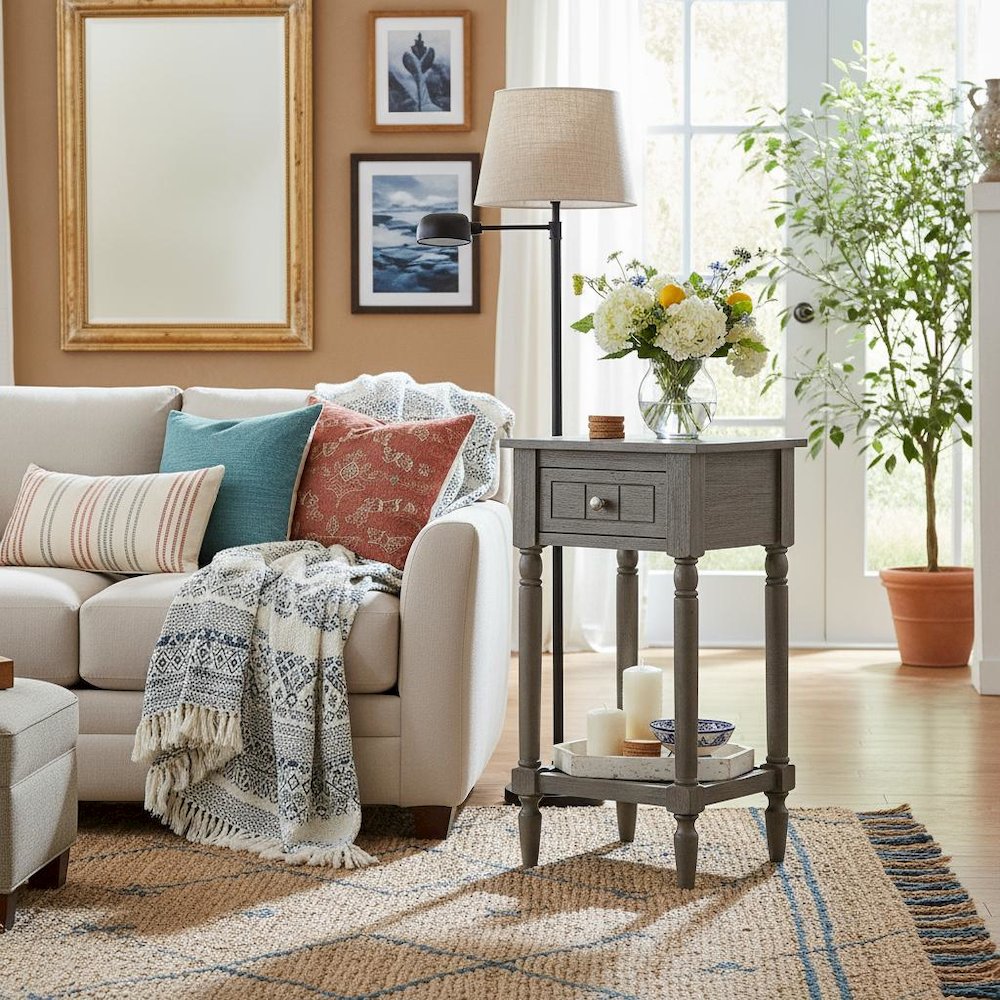 Accent Table, Gray, Drawer, Shelf, Versatile Wood, 14 Inch