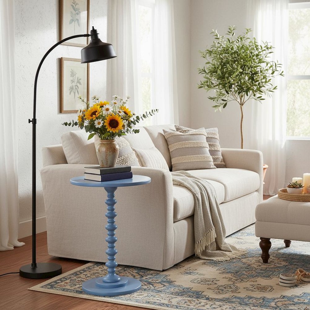 Spindle Coffee Table, Blue, Round, Turned Base, Vibrant