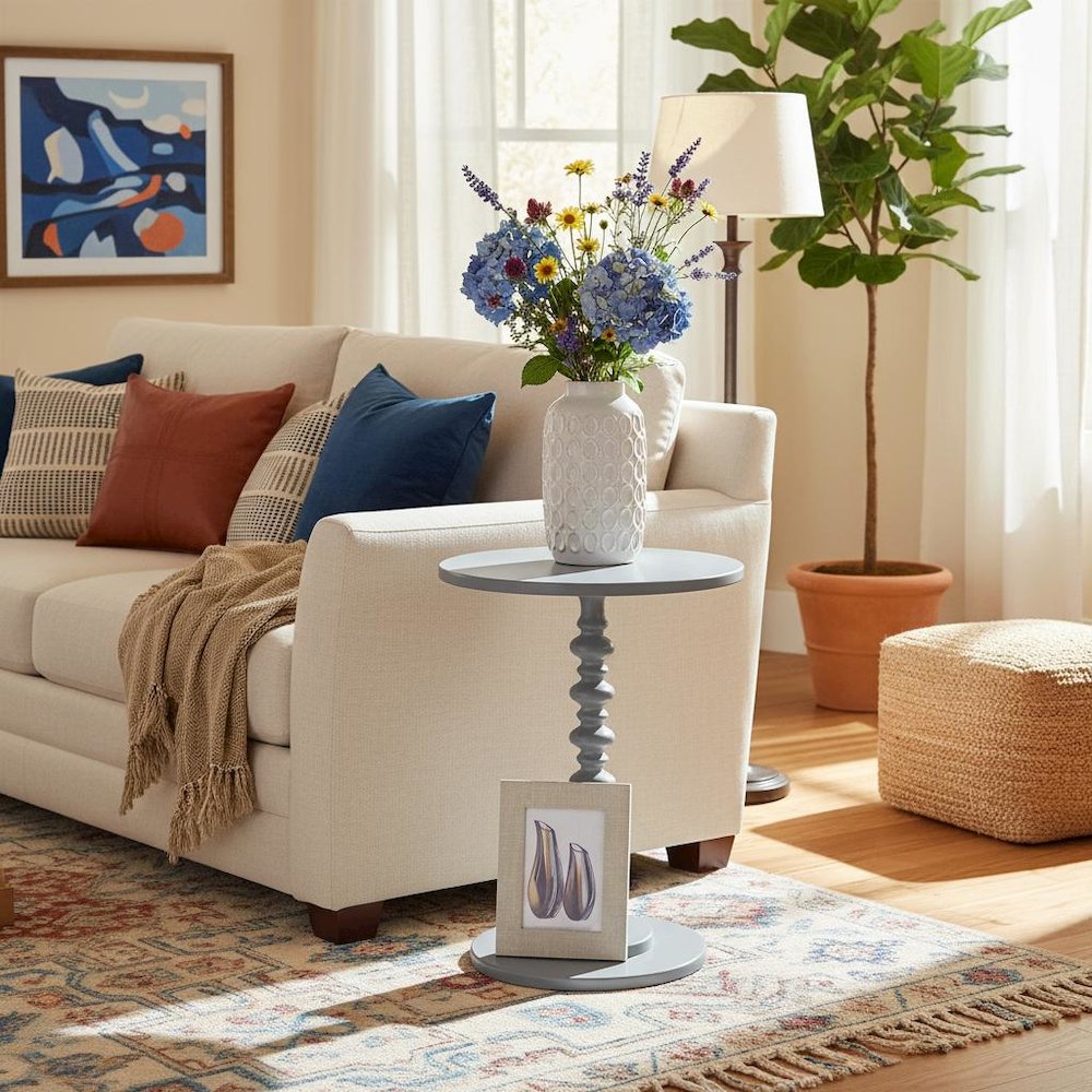 Spindle Coffee Table, Gray, Round, Turned Base, Easy Setup