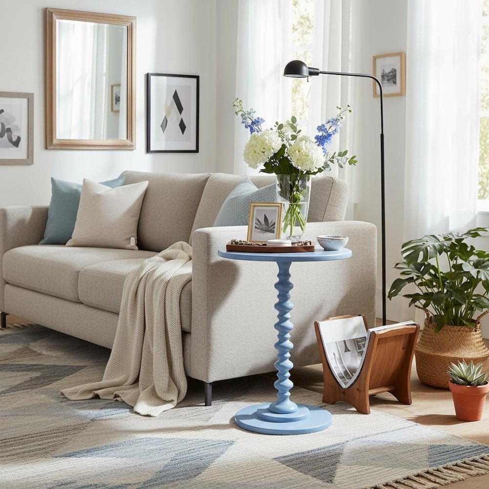 Spindle Coffee Table, Blue, Round, Turned Base, Vibrant