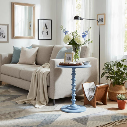 Spindle Coffee Table, Blue, Round, Turned Base, Vibrant