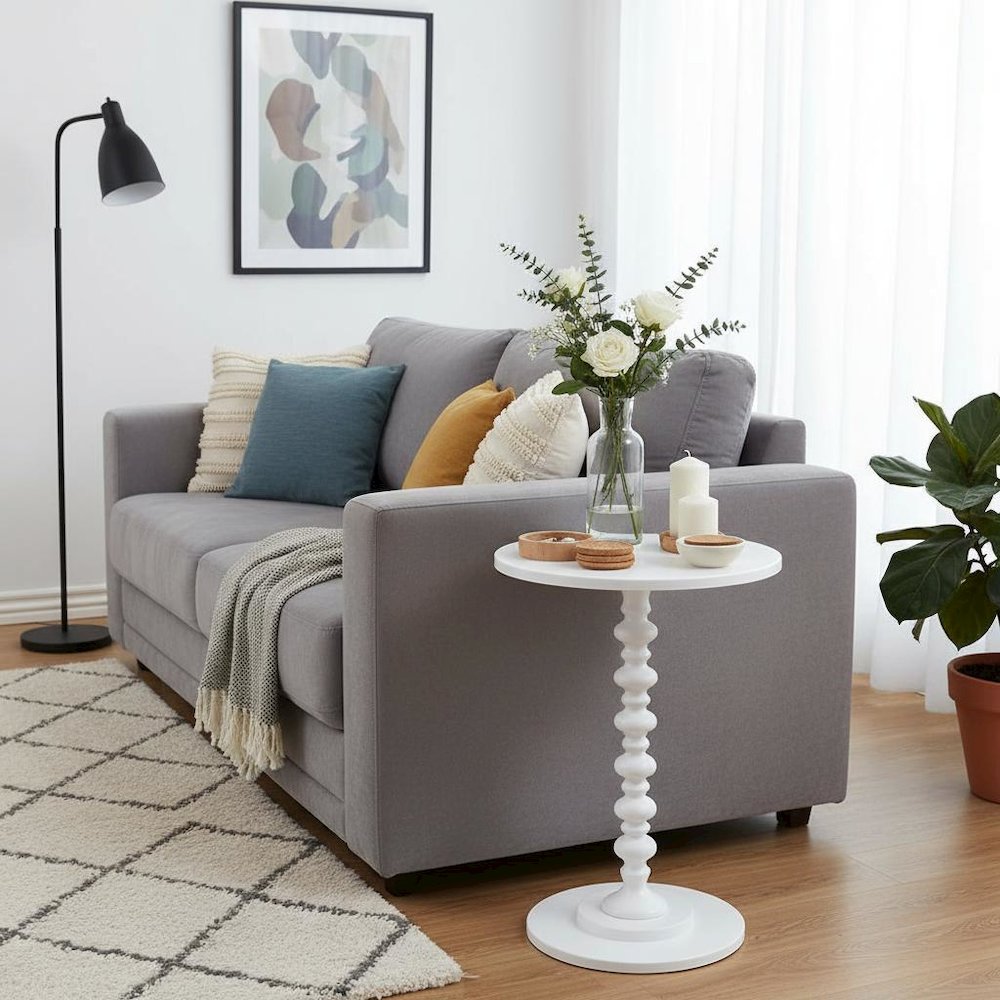 Spindle Coffee Table, White, Round, Turned Base, Easy Assembly