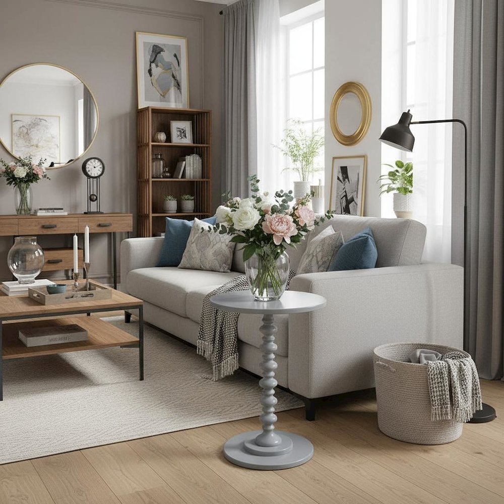 Spindle Coffee Table, Gray, Round, Turned Base, Easy Setup