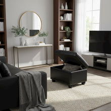 Storage Bench Ottoman Footrest in Black Faux Leather, Button Tufted