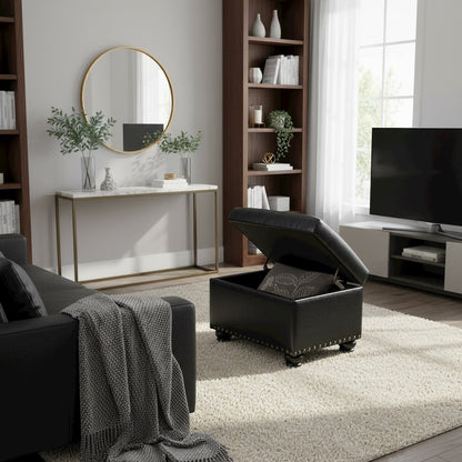 Storage Bench Ottoman Footrest in Black Faux Leather, Button Tufted