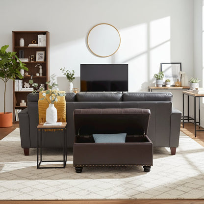 Storage Ottoman Bench Vegan Leather in Brown, Nailhead Accent, 35.5-inch