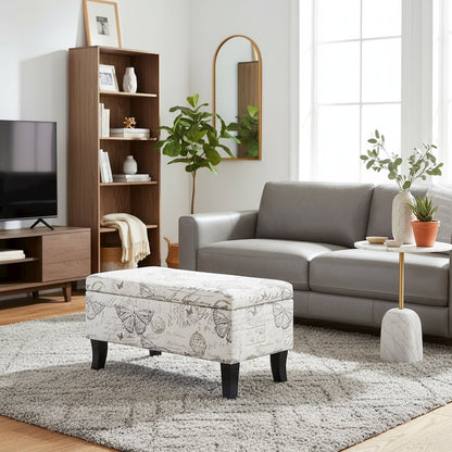 Winslow Ottoman Bench with Fabric Upholstery, White Color, Foam Cushioned Seat