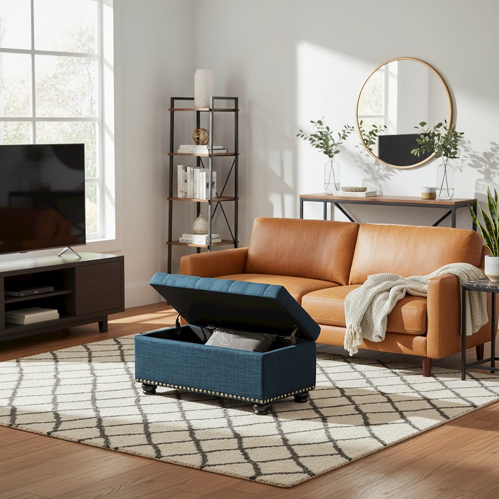 Storage Bench Ottoman in Blue Fabric, Button Tufted, Sturdy Base, 35.5-inch