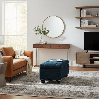 Storage Bench Ottoman in Blue Fabric, Button Tufted, Sturdy Base, 35.5-inch