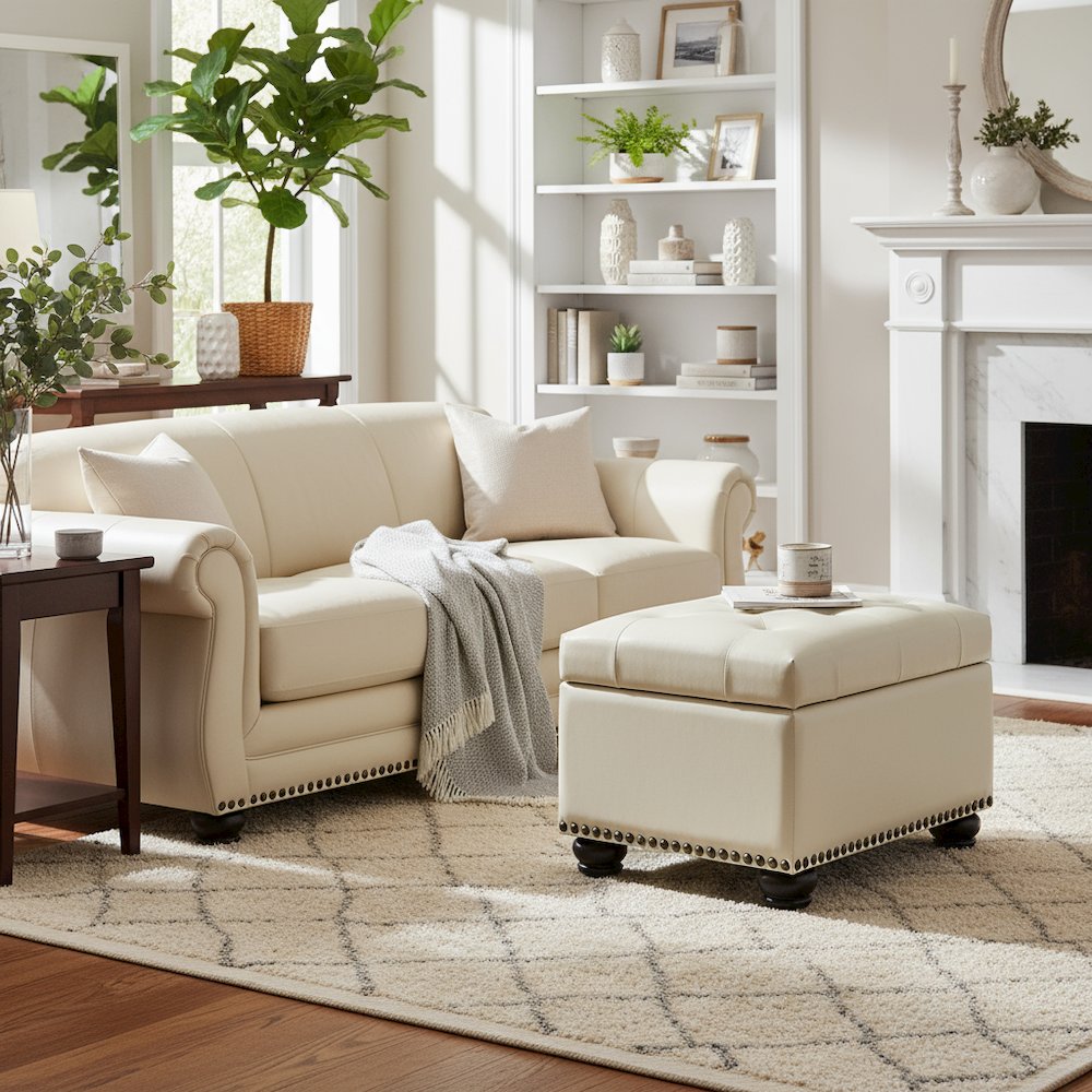 Storage Footrest Ottoman Chair, White Faux Leather, Pressure Hinge