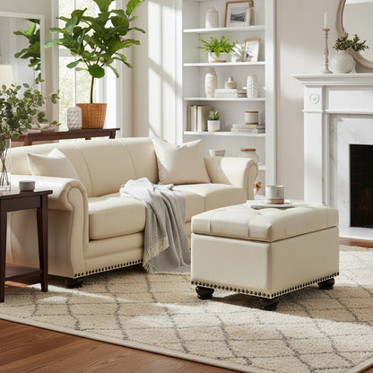 Storage Footrest Ottoman Chair, White Faux Leather, Pressure Hinge
