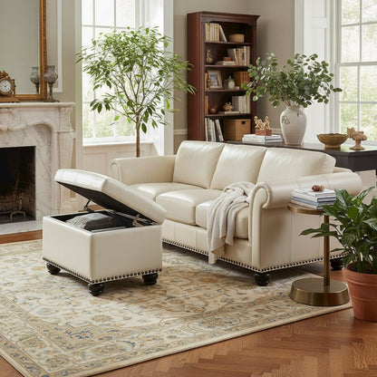 Storage Footrest Ottoman Chair, White Faux Leather, Pressure Hinge