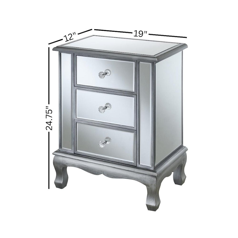 3-Drawer End Table with Mirror Finish, Glam Style, Silver, Quick Easy Assembly