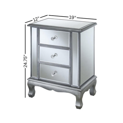 3-Drawer End Table with Mirror Finish, Glam Style, Silver, Quick Easy Assembly