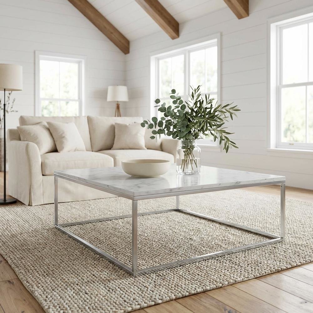 Faux Marble Coffee Table Silver Powder Coated Metal Frame Stylish Design
