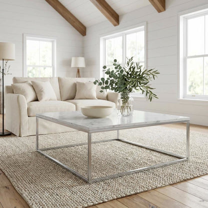 Faux Marble Coffee Table Silver Powder Coated Metal Frame Stylish Design