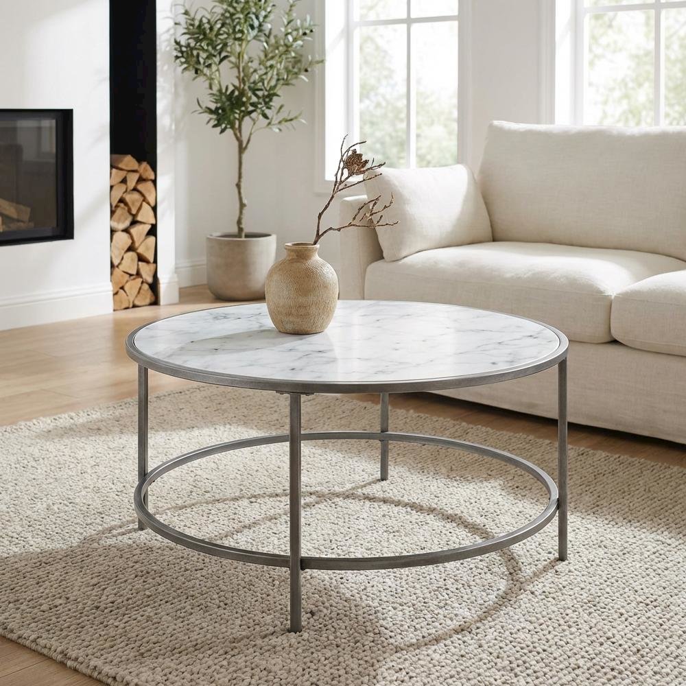 White Faux Marble Coffee Table with Silver Frame Metal Tube Design