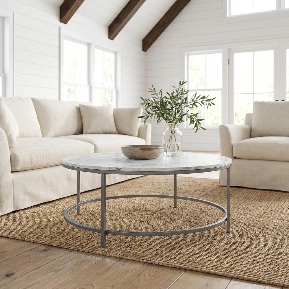 White Faux Marble Coffee Table with Silver Frame Metal Tube Design