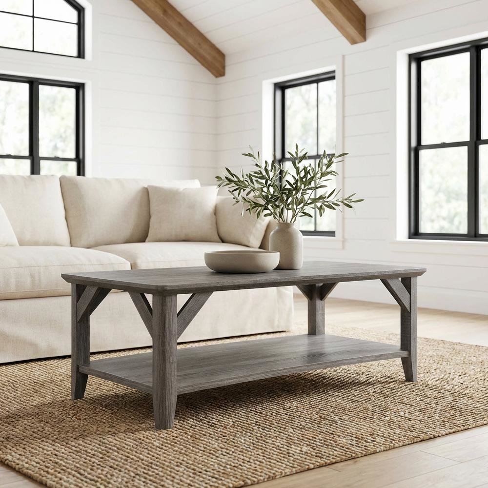 Gray Coffee Table with Shelf and Sturdy Frame for Living Room Storage Surface