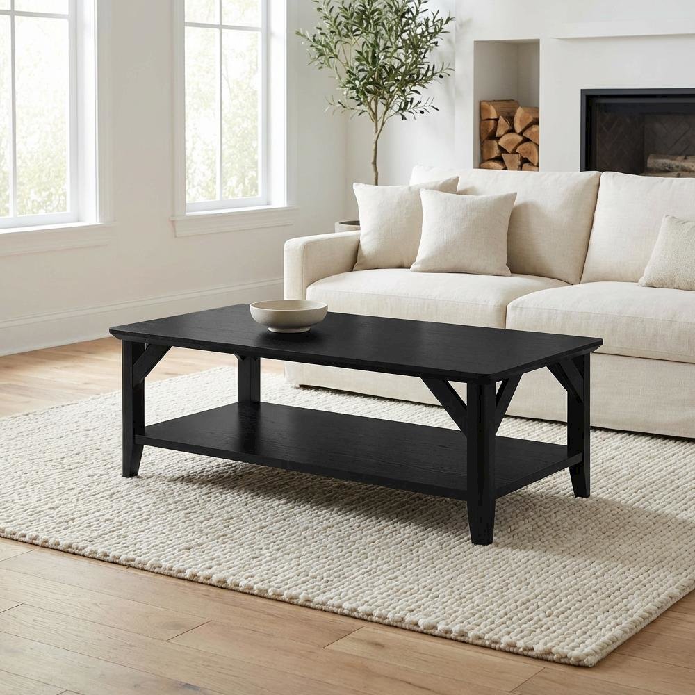 Black Coffee Table with Shelf and Sturdy Wood Construction for Living Room Use