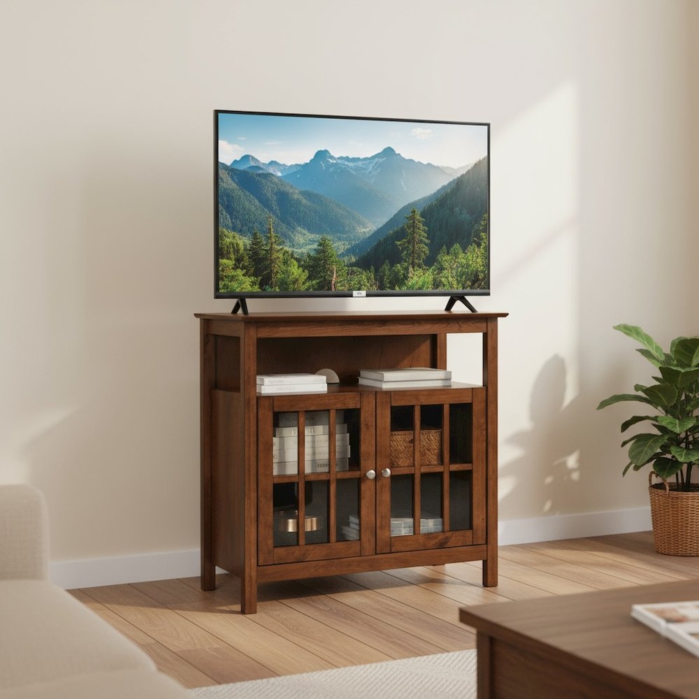 TV Stand for 40-inch TV, Cabinets with Glass Doors in Brown, 36-inch Wide