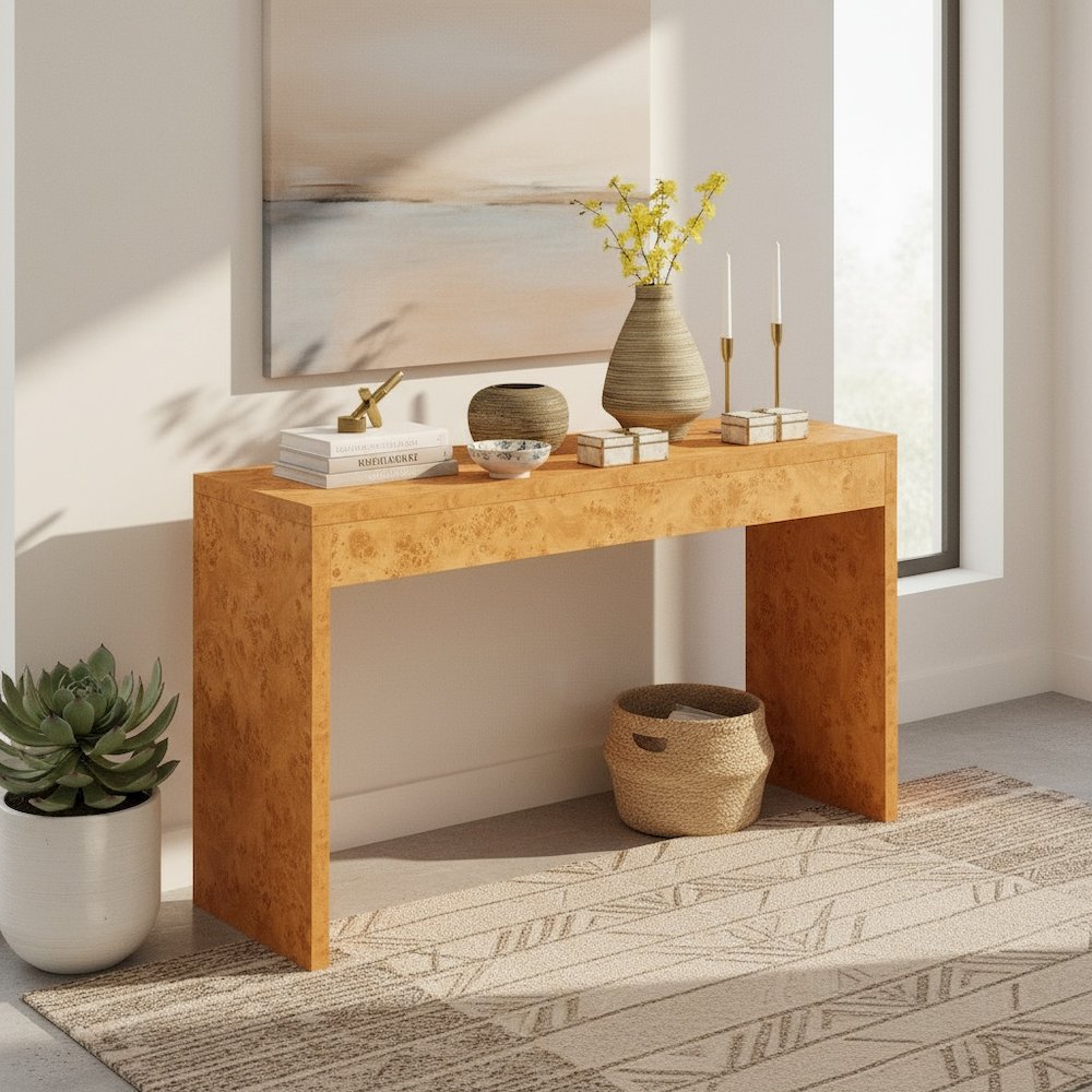Console Desk Hall Table with Burl Finish, Wide Spacious Top, Beige, 48" Long