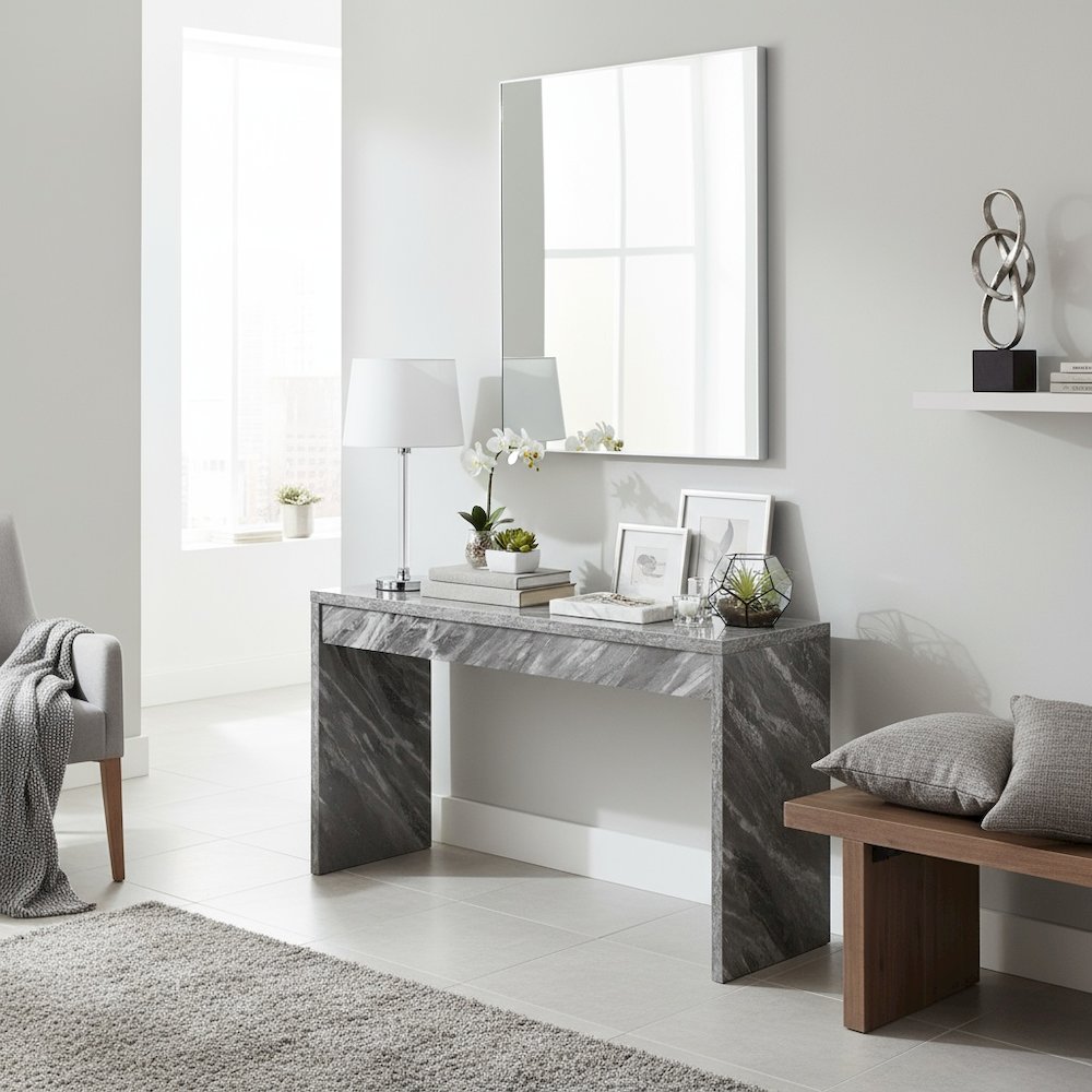 Console Desk, White, 48 Inch, Versatile, Faux Marble Top