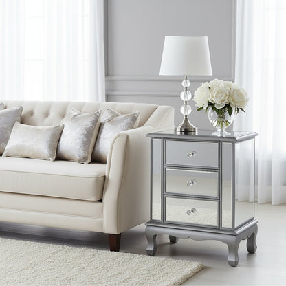 3-Drawer End Table with Mirror Finish, Glam Style, Silver, Quick Easy Assembly
