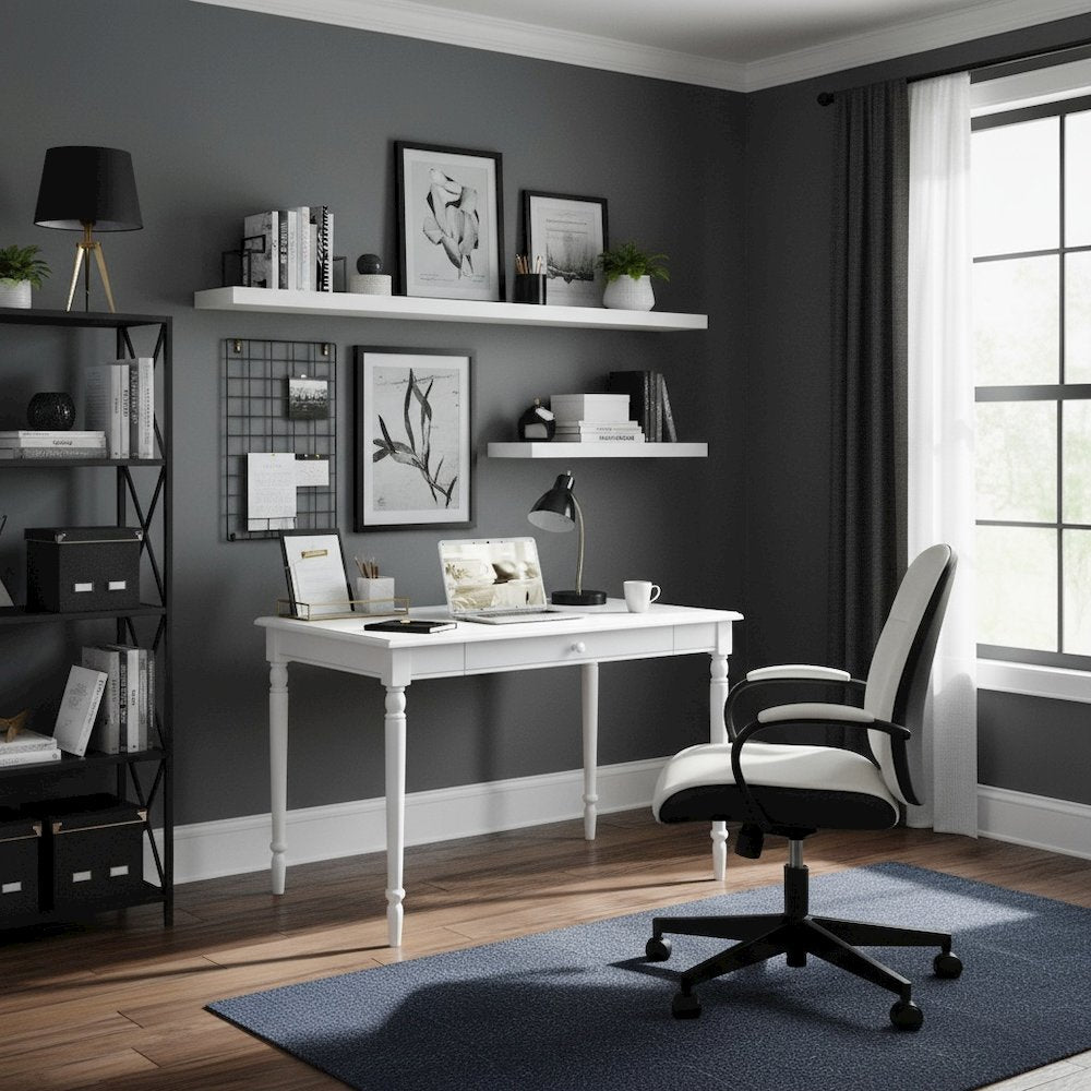 Farmhouse Home Office Desk, White, 36 Inch, Keyboard Tray