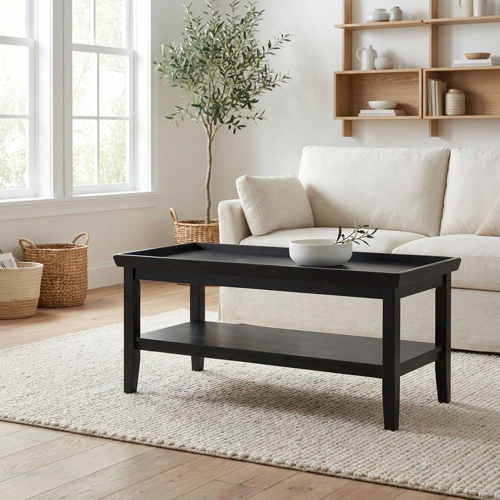 Black Coffee Table with Shelf and Sturdy Wood Construction for Living Room