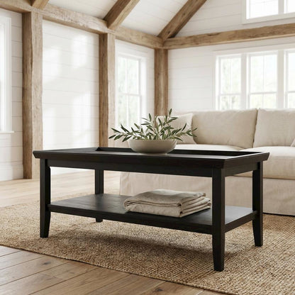 Black Coffee Table with Shelf and Sturdy Wood Construction for Living Room