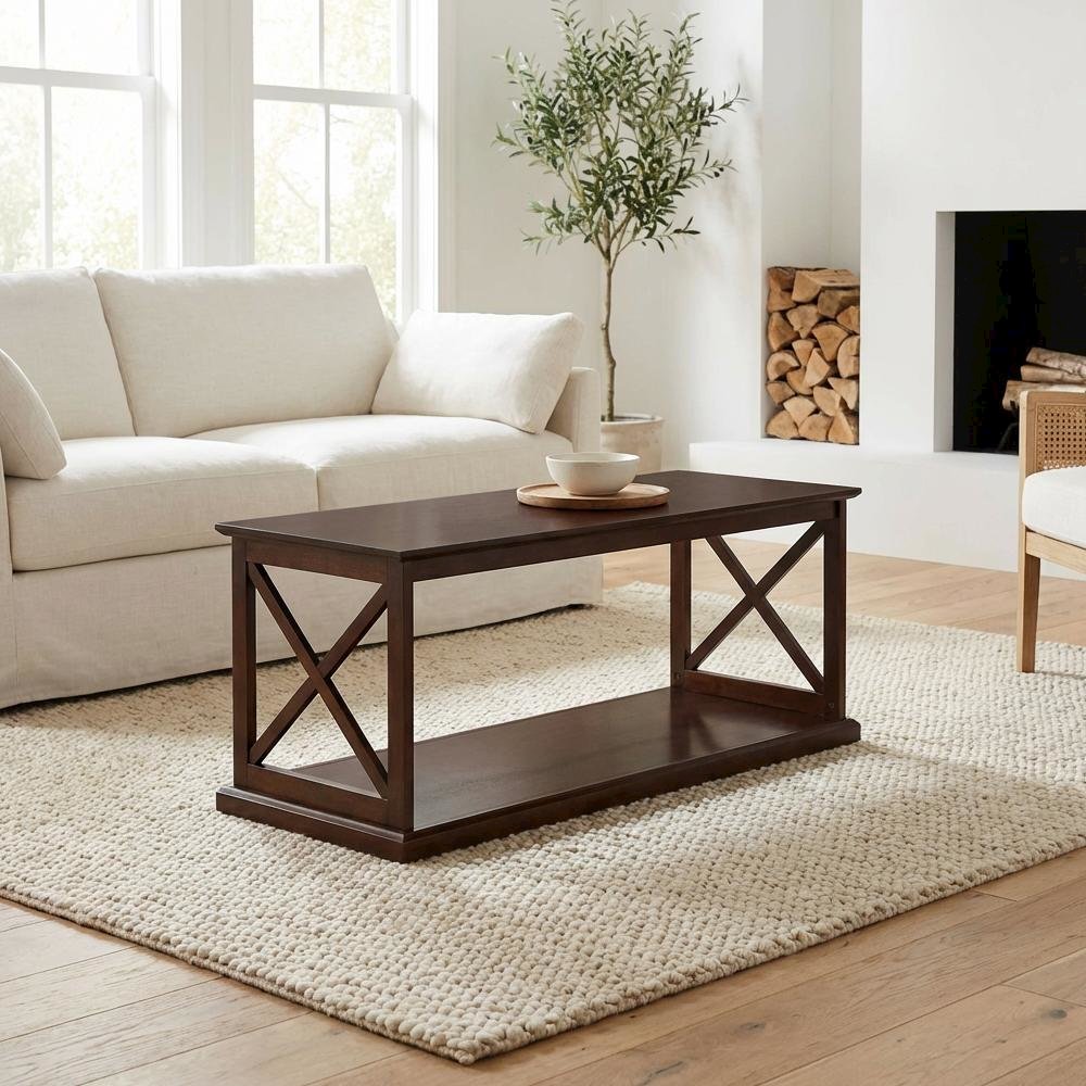 Brown Wood Coffee Table with Shelf Storage and Sturdy Construction