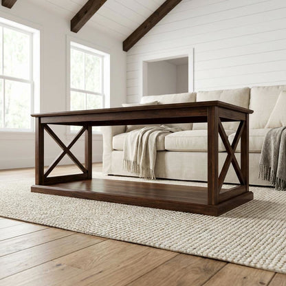 Brown Wood Coffee Table with Shelf Storage and Sturdy Construction