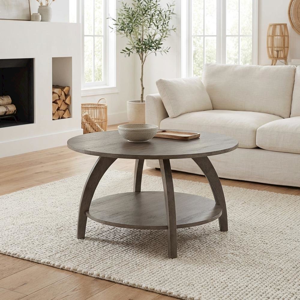 Distressed White Coffee Table with Shelf Scandinavian Style and Sturdy Design