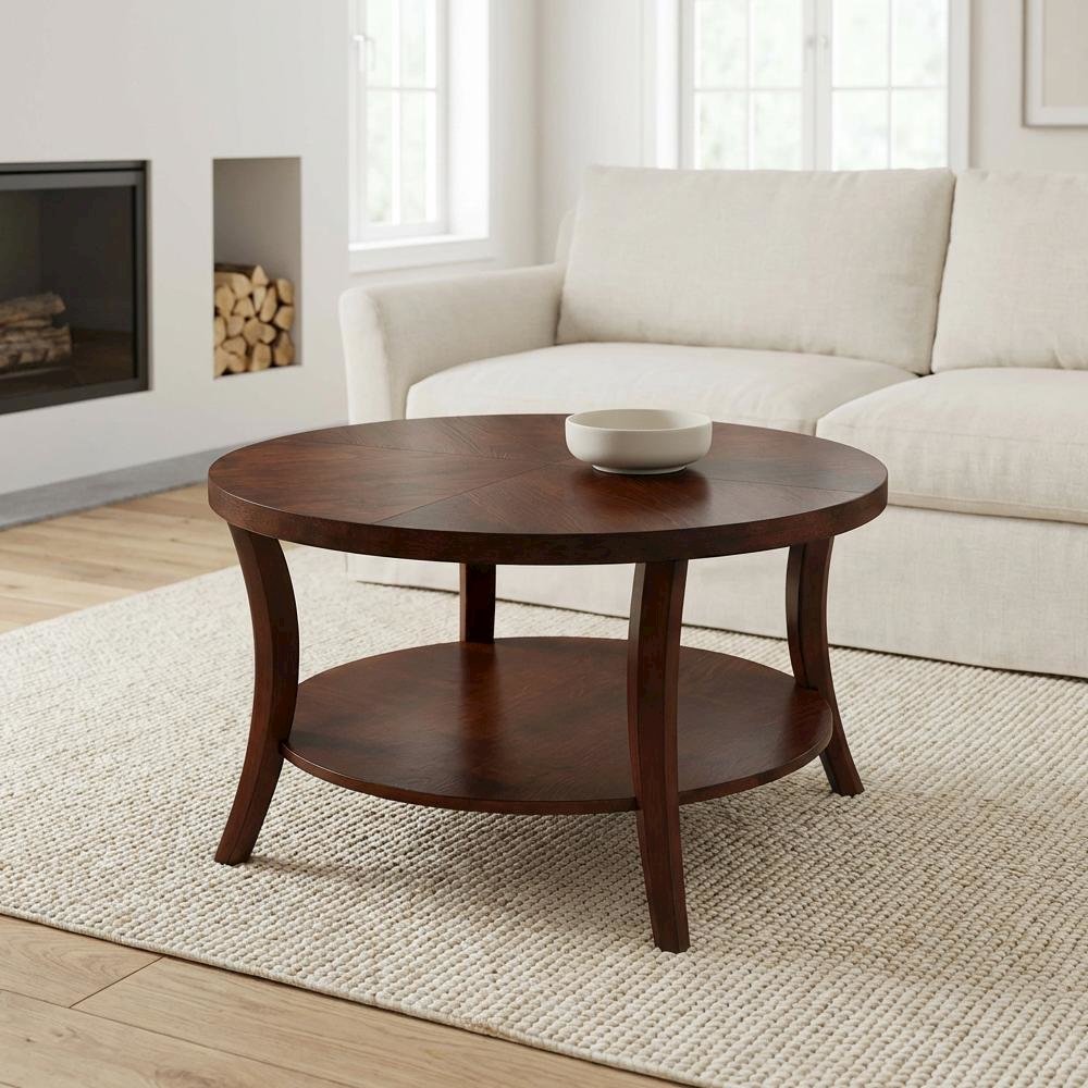Round Coffee Table Classic Style with Lower Shelf and Sturdy Build
