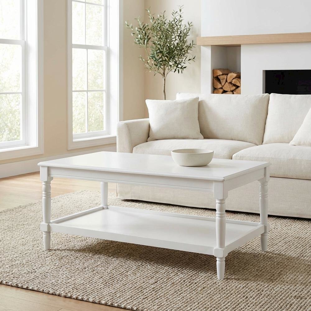 White Coffee Table with Shelf Rubberwood Legs and MDF Top for Living Room