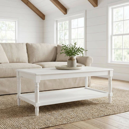 White Coffee Table with Shelf Rubberwood Legs and MDF Top for Living Room