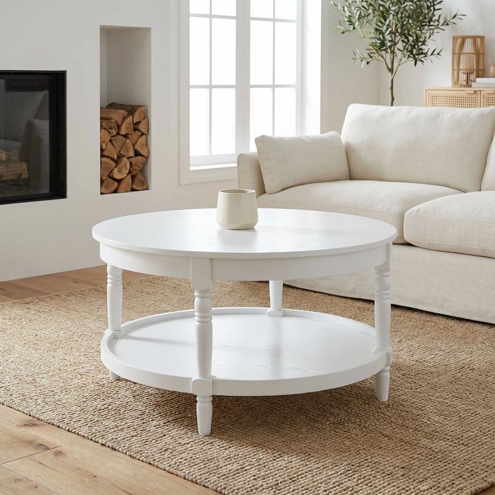 White Round Coffee Table with Shelf and Rubberwood Legs Durable MDF Top