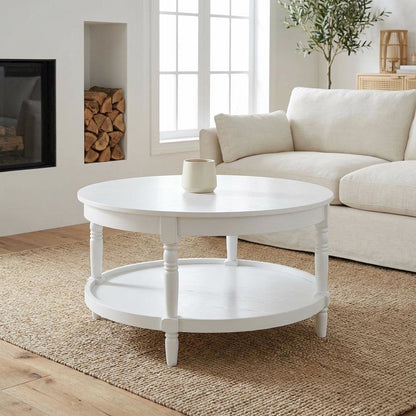 White Round Coffee Table with Shelf and Rubberwood Legs Durable MDF Top