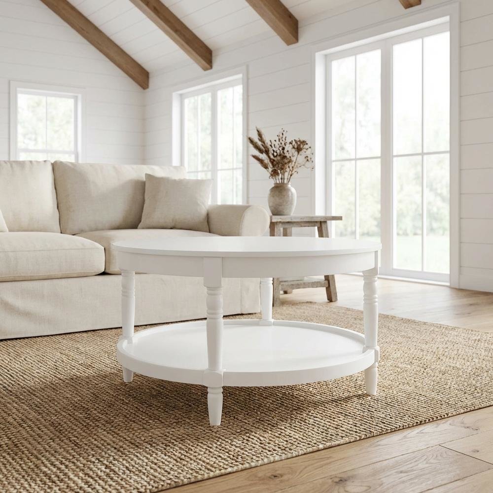 White Round Coffee Table with Shelf and Rubberwood Legs Durable MDF Top