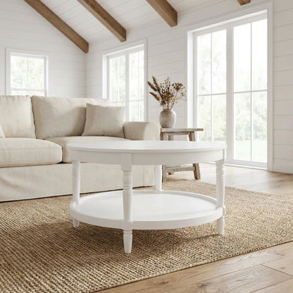 White Round Coffee Table with Shelf and Rubberwood Legs Durable MDF Top