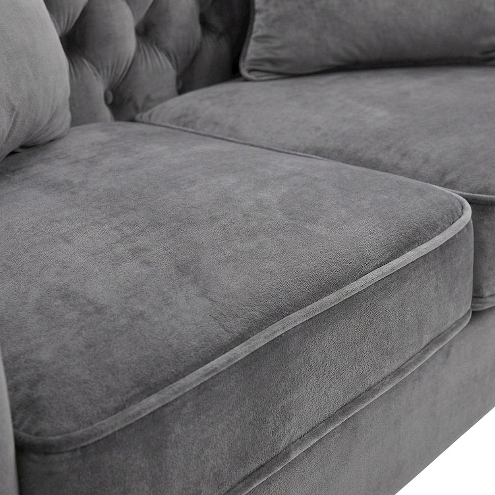 Velvet-Upholstered Loveseat with Button-Tufted Back and Nailhead Trims, Gray