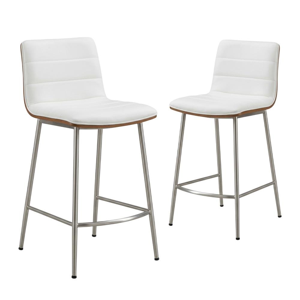 Stainless Steel and Walnut Counter Stool with White Faux Leather Cover, Set of 2